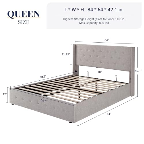Allewie Full Size Lift Up Storage Bed, Modern Wingback Headboard, Hydraulic Support, No Box Spring Needed, Light Beige