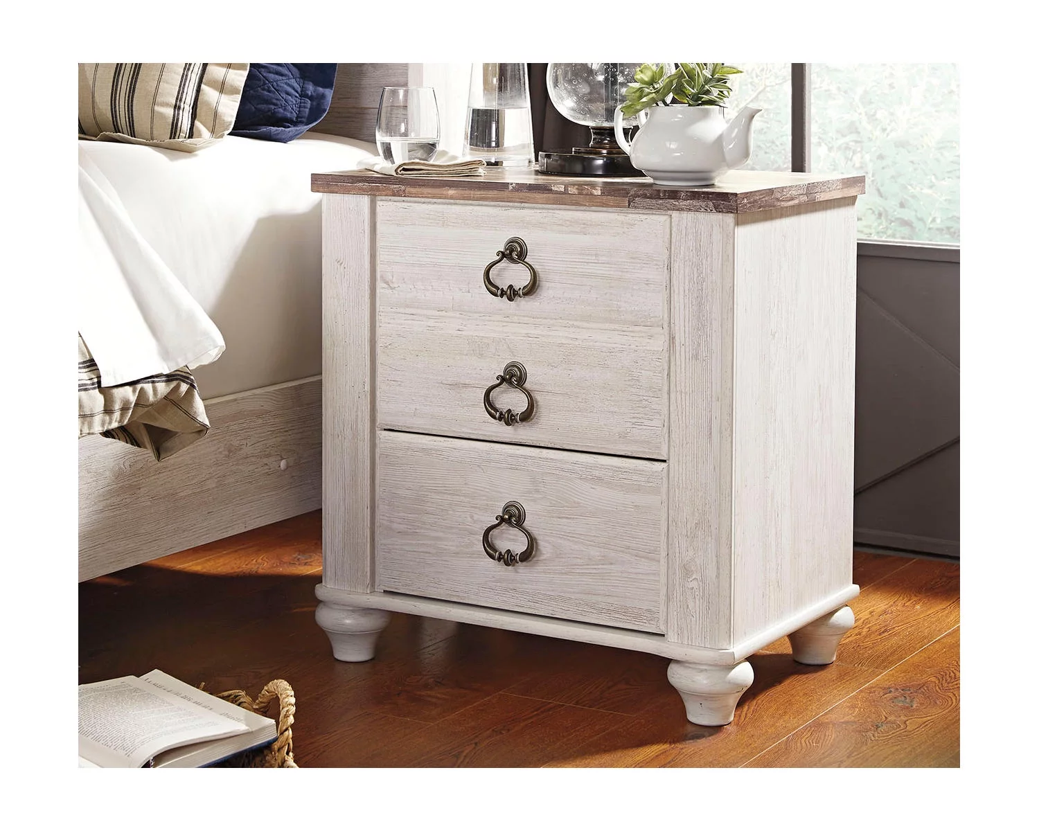 Signature Design by Ashley Willowton Farmhouse 2 Drawer Nightstand with USB Charging Ports, Whitewash
