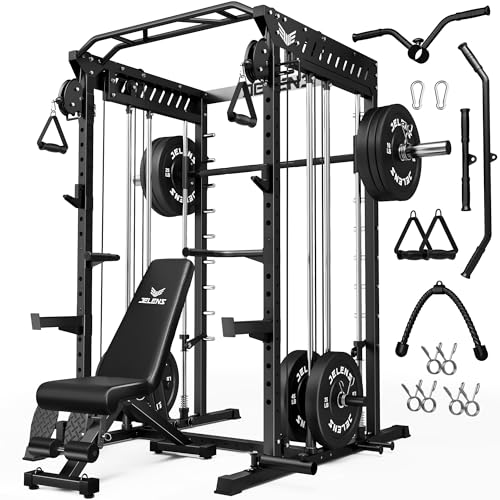 M21 Smith Machine, Multi-Function Power Cage with Dual Pulley Cable Crossover System, 2000LBS All-in-One Squat Rack with Smith Bar and Attachments