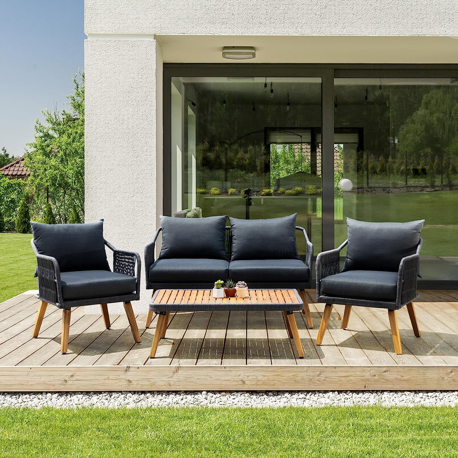 Aile Serene Wood Wicker Patio Conversation Set of 4, Thick Soft Cushions (Obsidian)