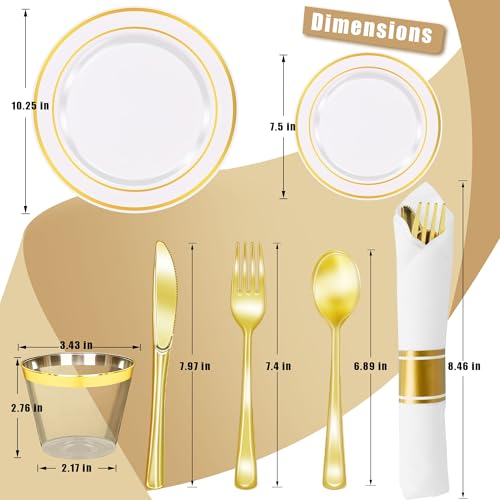 Zcaukya 350PCS Gold Dinnerware for 50 Guests, Plastic Plates for Party, 50 Pre-rolled Napkins,100 Gold Plates, 50 Cups, 50 Spoons, 50 Forks and 50 Knives