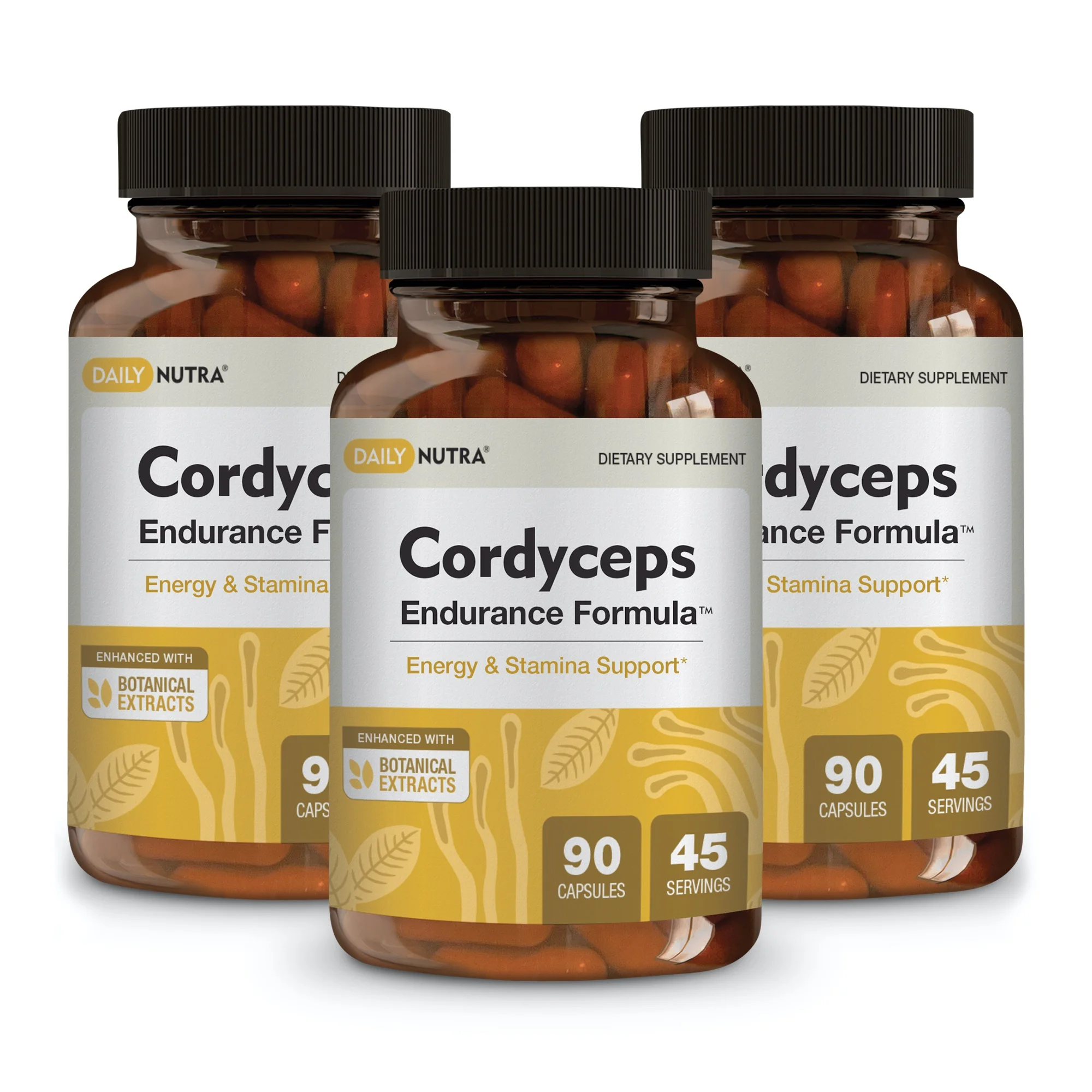 Cordyceps Endurance Formula by DailyNutra - Natural Energy Supplement - Caffeine Free | Organic Mushroom Extract with KSM-66 Ashwagandha, Eleuthero and Rhodiola (3-Pack)