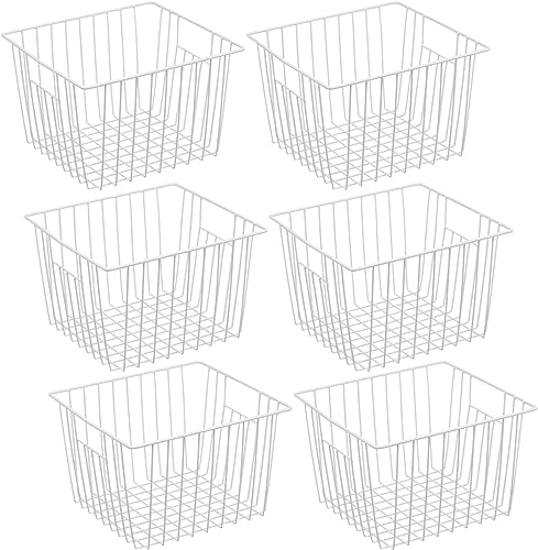 iPEGTOP Deep Refrigerator Freezer Baskets, Large Household Wire Storage Basket Bins Organizer with Handles for Kitchen, Pantry, Freezer, Cabinet, Closets, Pearl White, Set of 3