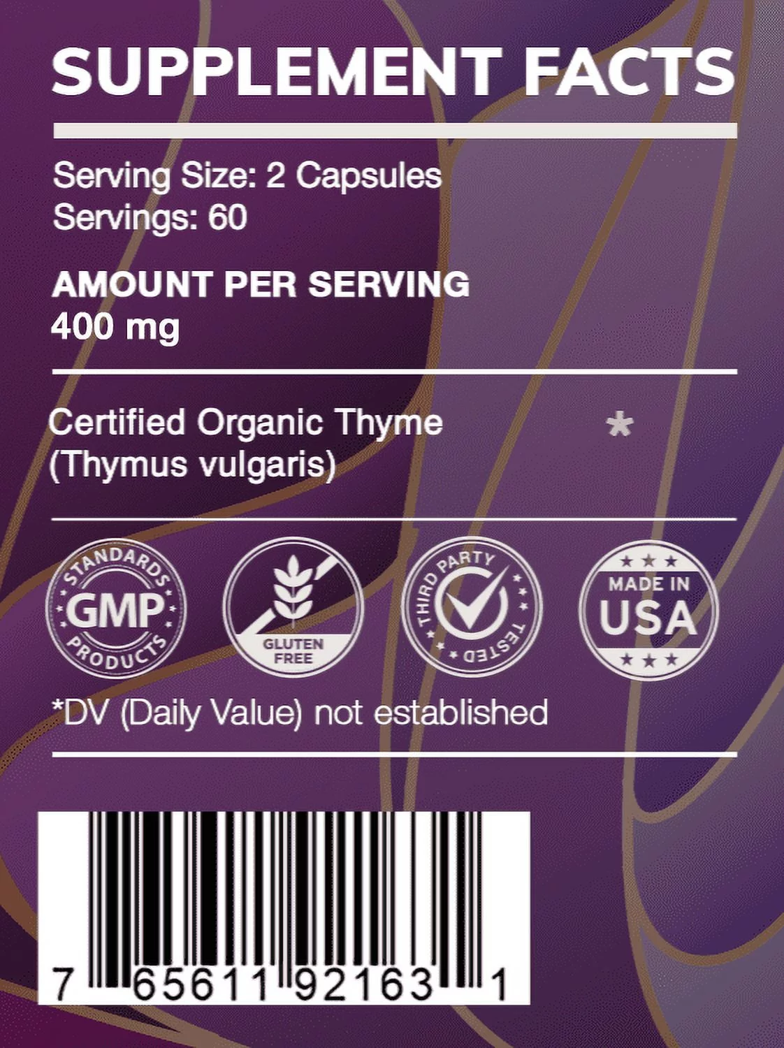 Earth's Love Thyme 120 Capsules, 400 mg, Organic Thyme (Thymus Vulgaris) Dried Leaf