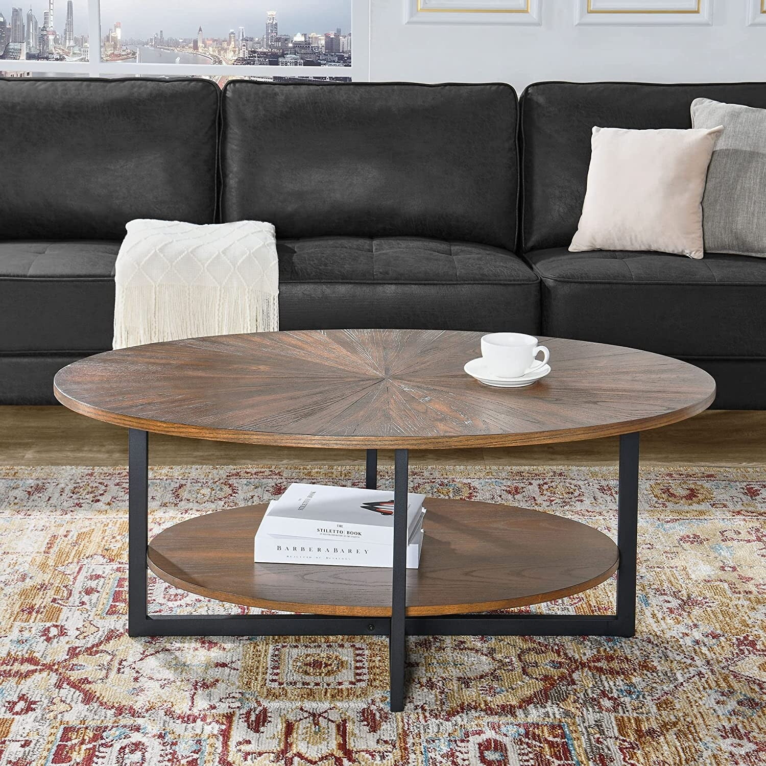Solid Wood Oval Coffee Table with Cross Metal Legs Wood