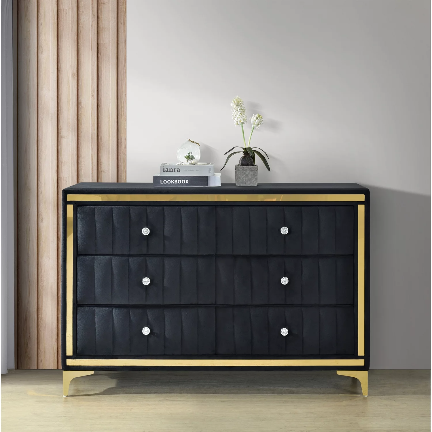 Better Home Products Velvet 6 Drawer Dresser with Gold Legs and Trim