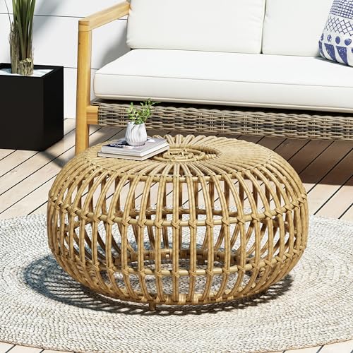 Round Rattan Coffee Table, Boho Wicker Rattan Coffee Table, All-Weather and Rust Resistant for Living Room Patio, Poolside, Garden, Yard (Coffee Table)
