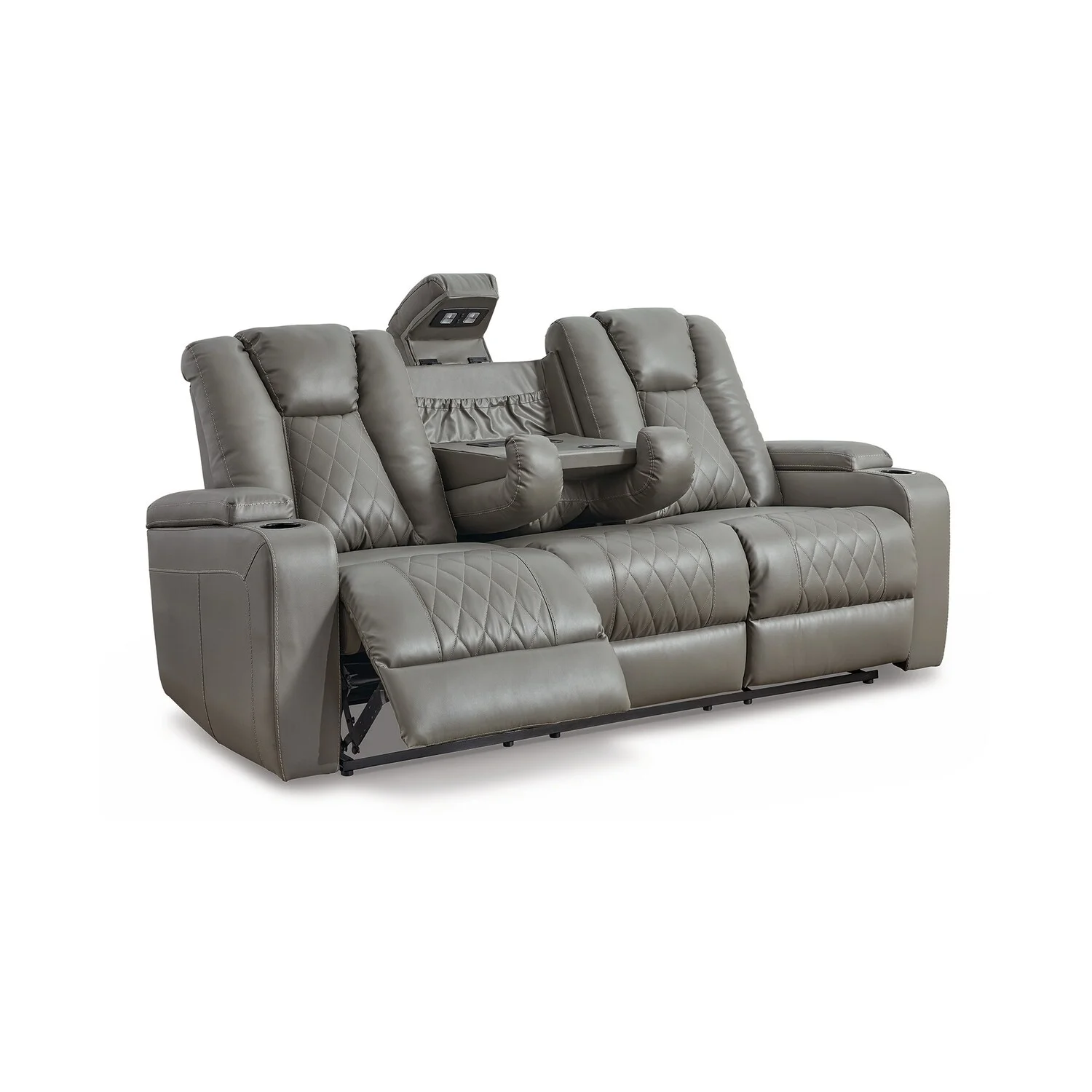 BenJara Tav 85 Inch Manual Recliner Sofa, Drop Table, Cupholders, Gray Faux Leather
