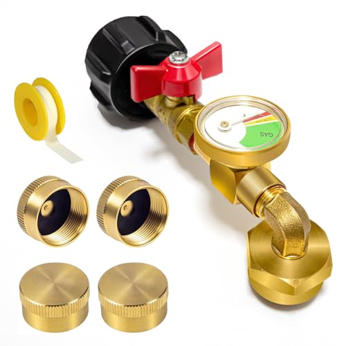 Propane Refill Adapter for 1 LB. Tanks, Propane Adapter 20lb to 1lb Converter with Gauge Valve, Propane Refill Elbow Adapter with 4 Bottle Caps for BBQ Grill Stove Camping RV, Solid Brass