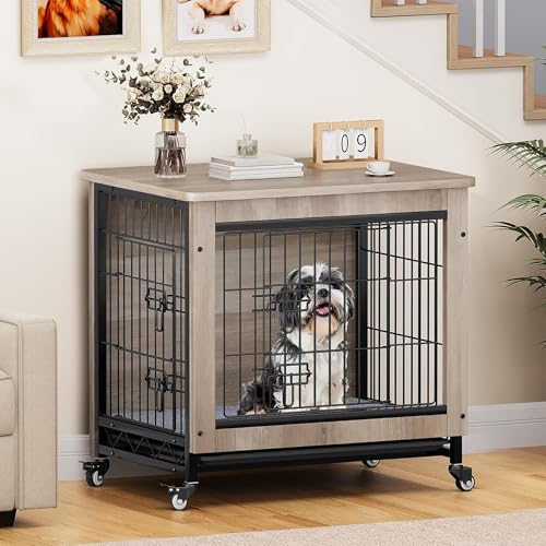 YITAHOME Dog Crate Furniture with Cushion, Kennel with Wheels, End Table with Tray, 27