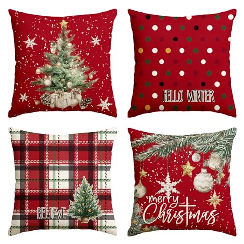 AVOIN colorlife Merry Christmas Trees Snowflake Star Throw Pillow Covers, 18 x 18 Inch Xmas Balls Red Polka Dot Plaid Seasonal Hello Winter Holiday Cushion Case Decoration for Sofa Couch Set of 4