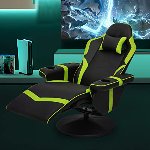 Magshion Massage Gaming Recliner Chair, 360° Swivel PU Leather Reclining Chair with Adjustable Backrest, Footrest, Cup Holders & Bluetooth Speakers for Adults Teens, Green