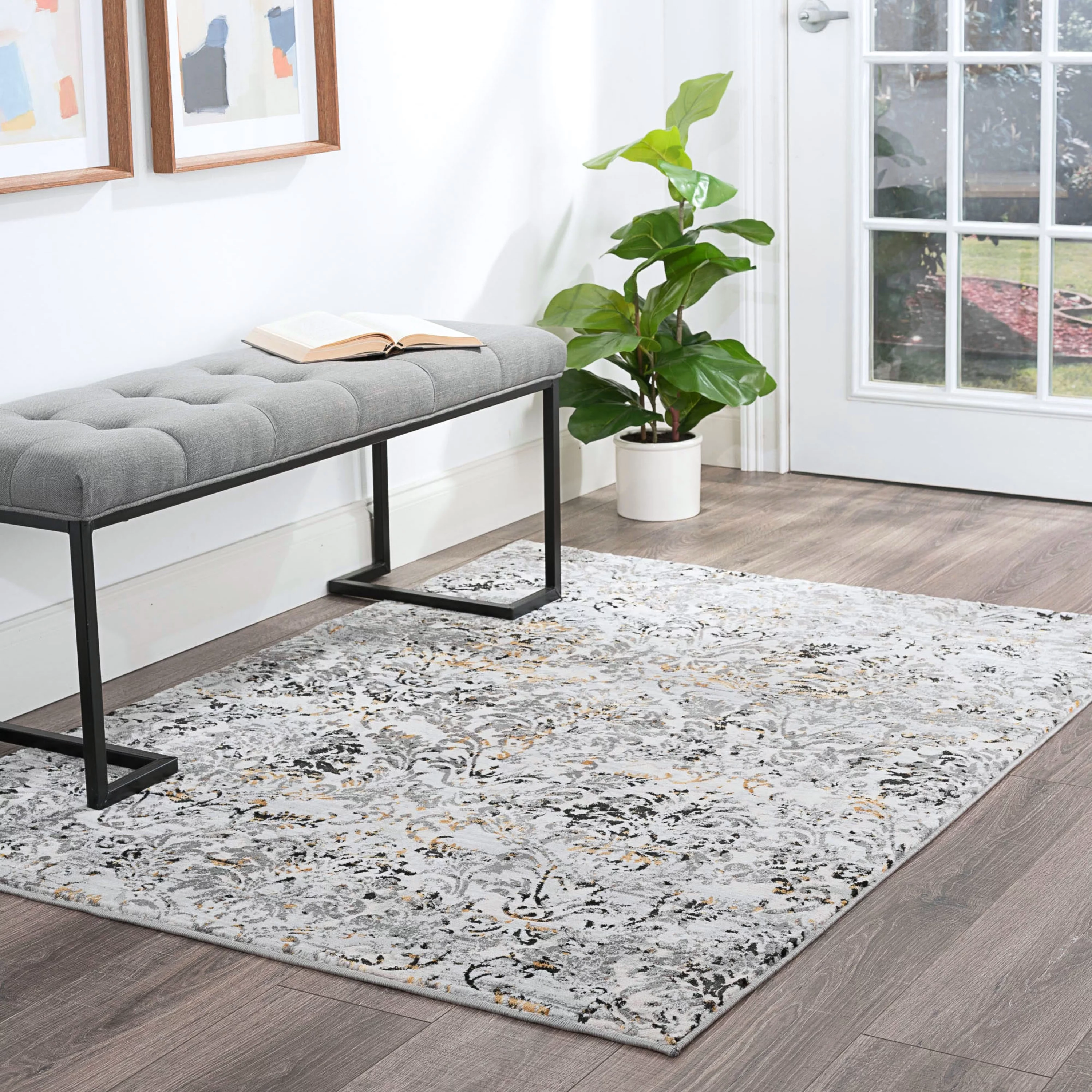 Transitional 5x7 Area Rug (5'3'' x 7'3'') Damask Yellow, Gray Living Room Easy to Clean