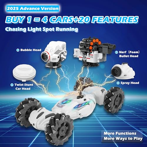 4 Head RC Tank Cars That Shoots Nerf Bullets, Bubble, Spray, Nerf Tank Remote Control Car for Boys 6 7 8 9 10 11 12 Year Old, RC Stunt Car Chase Light Control, LED Light, Music, Kids Toy Gift