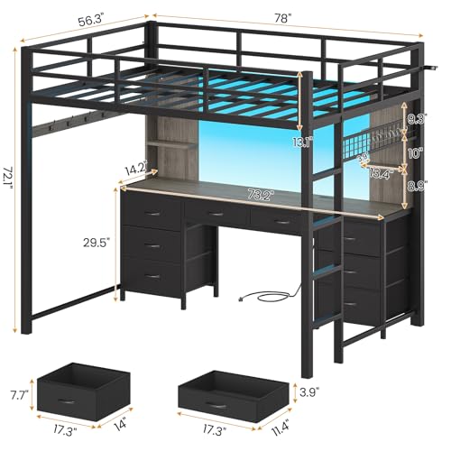 ADORNEVE Full Size Loft Bed with Desk and 8 Storage Drawers, Metal Loft Beds Full with LED Lights & Charging Sation, Heavy Duty Loft Bed Frame with 6 Storage Shelves, Space-Saving, Rustic Brown