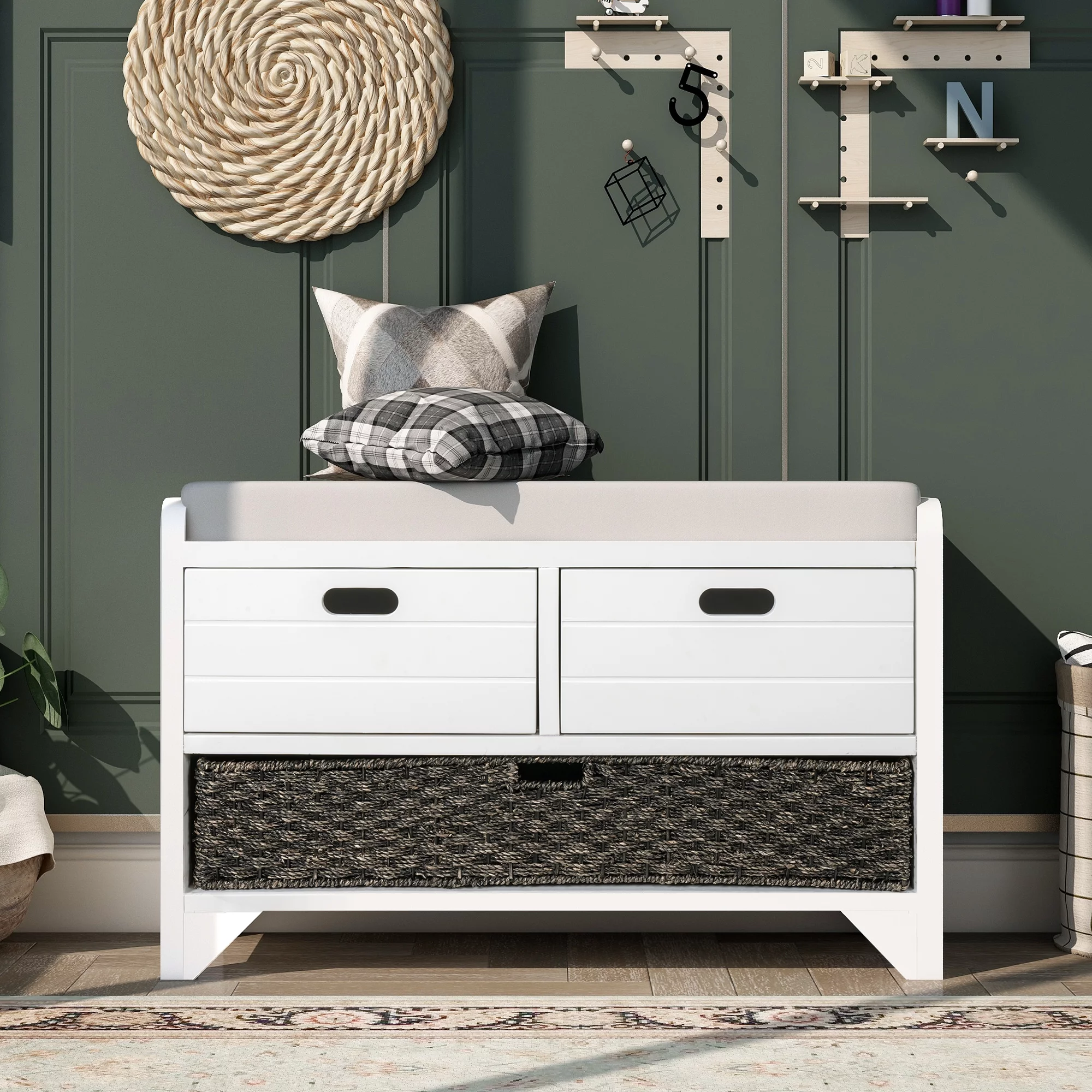 Nestfair White Storage Bench Entryway Bench with Removable Basket and 2 Drawers