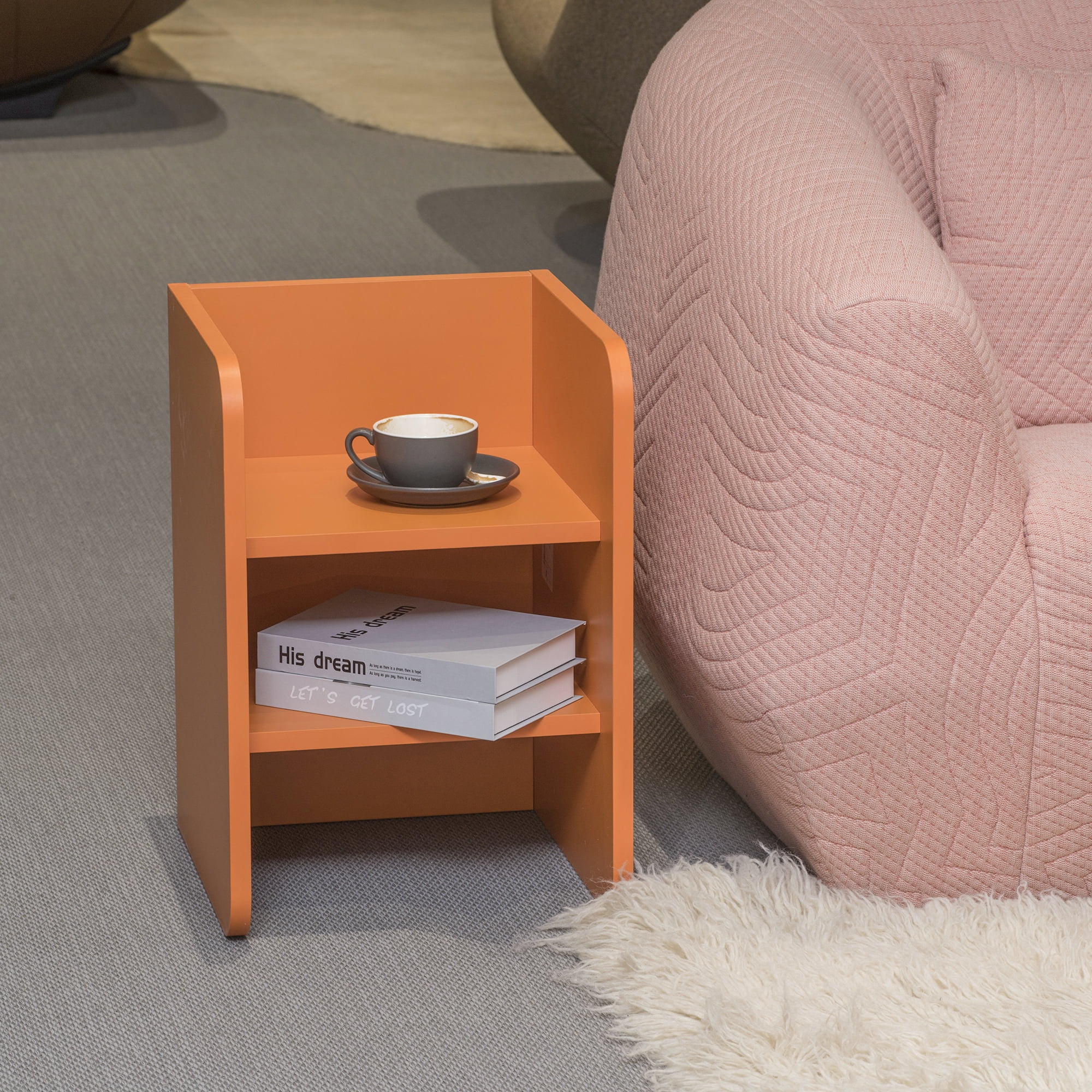 2-Tier Wood Industrial End Side Table for Living Room, Storage Shelf, Table/Night Stand/Bedside Table/Bookshelf and Stackable Organizer Display Shelf for Any Space, Carb Certified Non-Toxic（orange)）