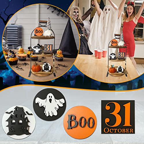 4 Pieces Halloween Tiered Tray Decors Set Halloween Decorations Indoor, Boo/Ghost/Oct 31/Haunted House Signs Tier Tray Decor Tiered Tray Items for Bookshelf Shelf Spooky Halloween Decor (A01)