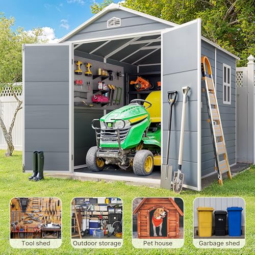 Gizoon 6x4 FT Outdoor Storage Shed with Floor, Resin Garden Tool Shed with Lockable Doors, Window, Vents, Reinforced Steel Frame, Waterproof Plastic Storage Sheds for Backyard, Patio, Lawn