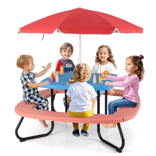 HONEY JOY Kids Picnic Table, 8 Person Toddler Outdoor Table and Chair Set, 4 Built-in Benches, Removable Umbrella, Metal Frame & HDPE Top, Children Outdoor Furniture for Backyard Patio Garden (Red)