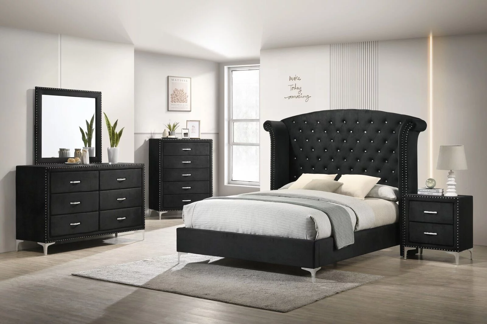 Modern Glamourous 6pc Queen Size Bed Dresser Mirror Nightstands Chest Bedroom Set Black Velvet Upholstery Furniture