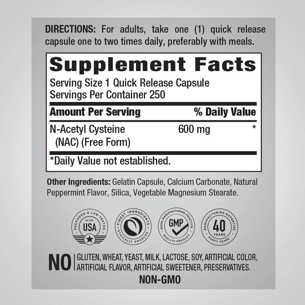 N-Acetyl Cysteine (NAC) 600 mg | 250 Coated Caplets | Non-GMO, Gluten Free | By Piping Rock