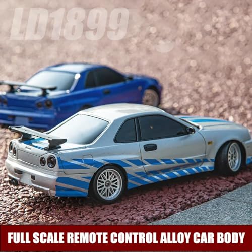 LD1899 1/18 RC Drift Car GTR R34 2.4GHz RWD with Gyroscope on-Road Alloy Body Shell Racing Cars Radio Control (Blue)