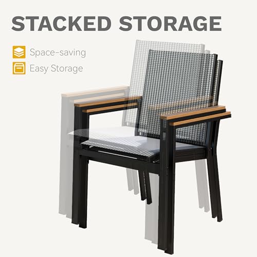 DWVO Stackable Patio Chairs Set of 2, All-Weather Patio Seating with Olefin Fabric and Faux Wood Armrests, Black & White Plaid Pattern