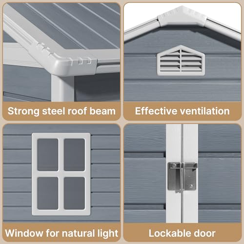 Gizoon 6x4 FT Outdoor Storage Shed with Floor, Resin Garden Tool Shed with Lockable Doors, Window, Vents, Reinforced Steel Frame, Waterproof Plastic Storage Sheds for Backyard, Patio, Lawn