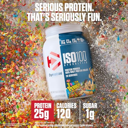 Dymatize x Fruity Pebbles ISO100 Whey Protein Powder Isolate, 25g of Protein, 20 Servings, 5.5g BCAAs, 120 Cal., Gluten Free, 1g Fat, 1g Sugar, 2g Carb