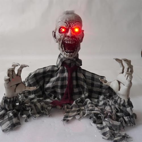 Halloween Zombie Groundbreaker Decoration,Scary Animatronics Shirt Zombie with Flash Eyes and Sounds for Outdoor Graveyard Haunted House Decor,Voice Activated Animated Swing Body Zombies Prop