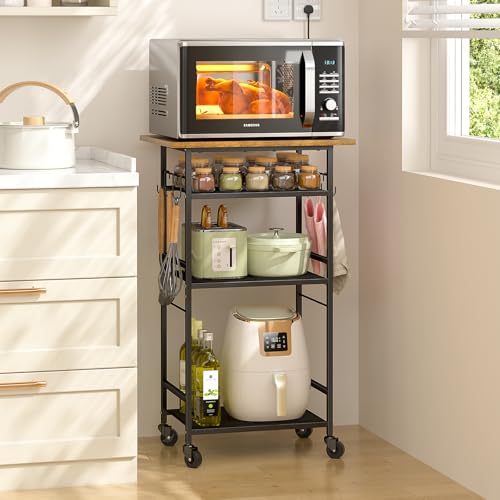 Rolling Kitchen Microwave Cart, 3 Tier Microwave Table Stand with Adjustable Shelf, Kitchen Storage Rack on Wheels, Coffee Station Cart Rack Shelf Organizer for Living Room Office, Balcony