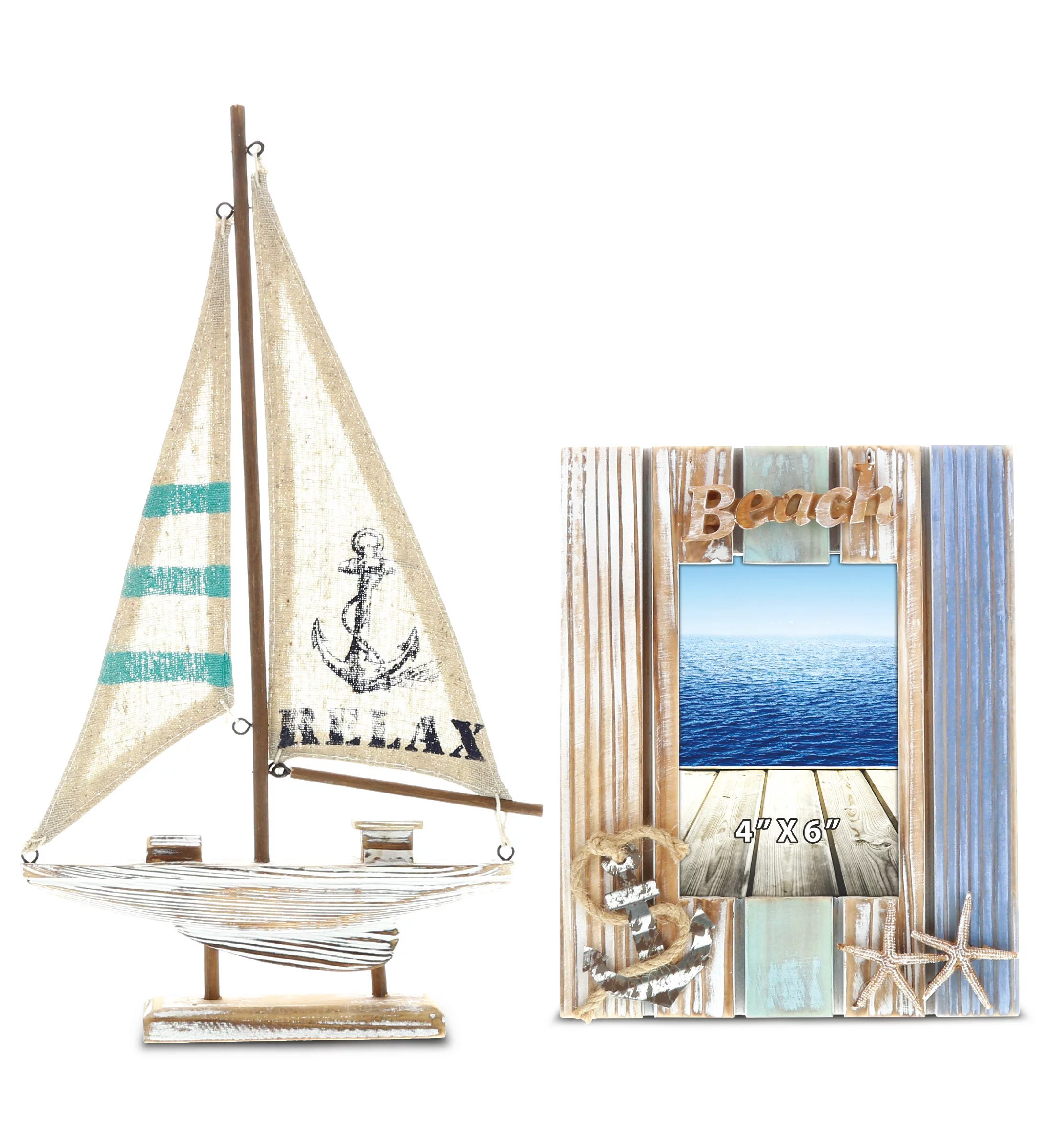 CoTa Global Aquarius Nautical Collection - White Distressed Wood Starfish Photo Frame and Large Handmade Wooden Boat Decor, Nautical Themed Tabletop Accent Decor, Handmade Color May Vary - 2 Pieces