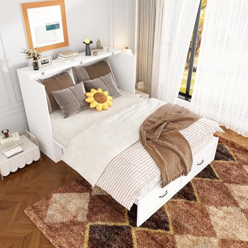 FAMAPY Full Size Murphy Bed Cabinet with Charging Station & Drawer, Murphy Chest Bed, Space-Saving, for Bedroom Guest Room White (76.4”W x 56.3”D x 40.9”H)