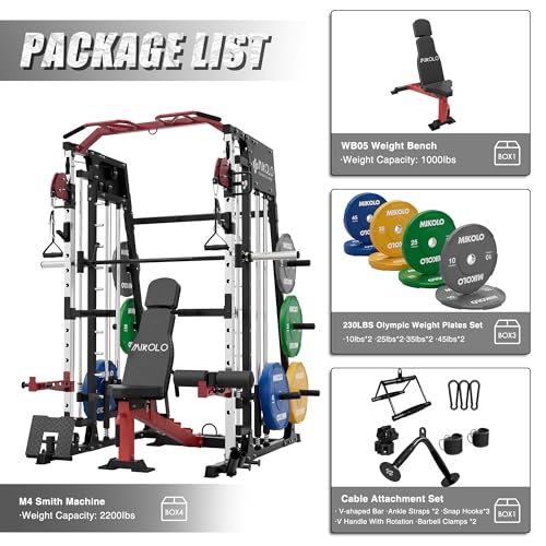 Mikolo Smith Machine, 2200lbs Squat Rack with LAT-Pull Down System & Cable Crossover Machine, Training Equipment with Leg Hold-Down Attachment