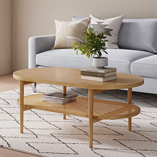 Sonia Bohemian 2-Tier Oval Coffee Table, Living Room Cane Table with Storage Shelf and Mid-Century Legs in Honey Brown Wood with Rattan Accent
