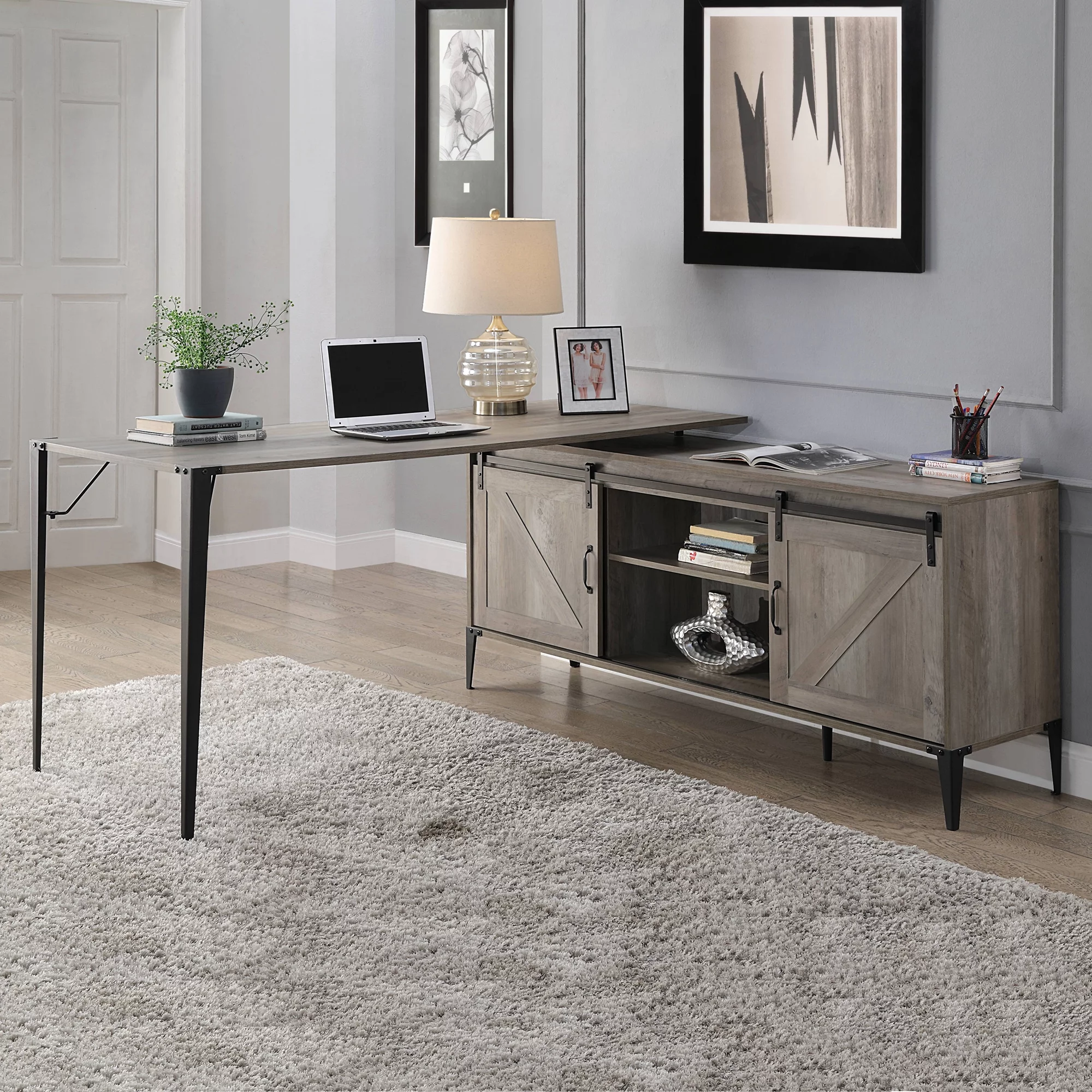 ACME Zakwani Writing Desk with USB in Grey Oak and Black