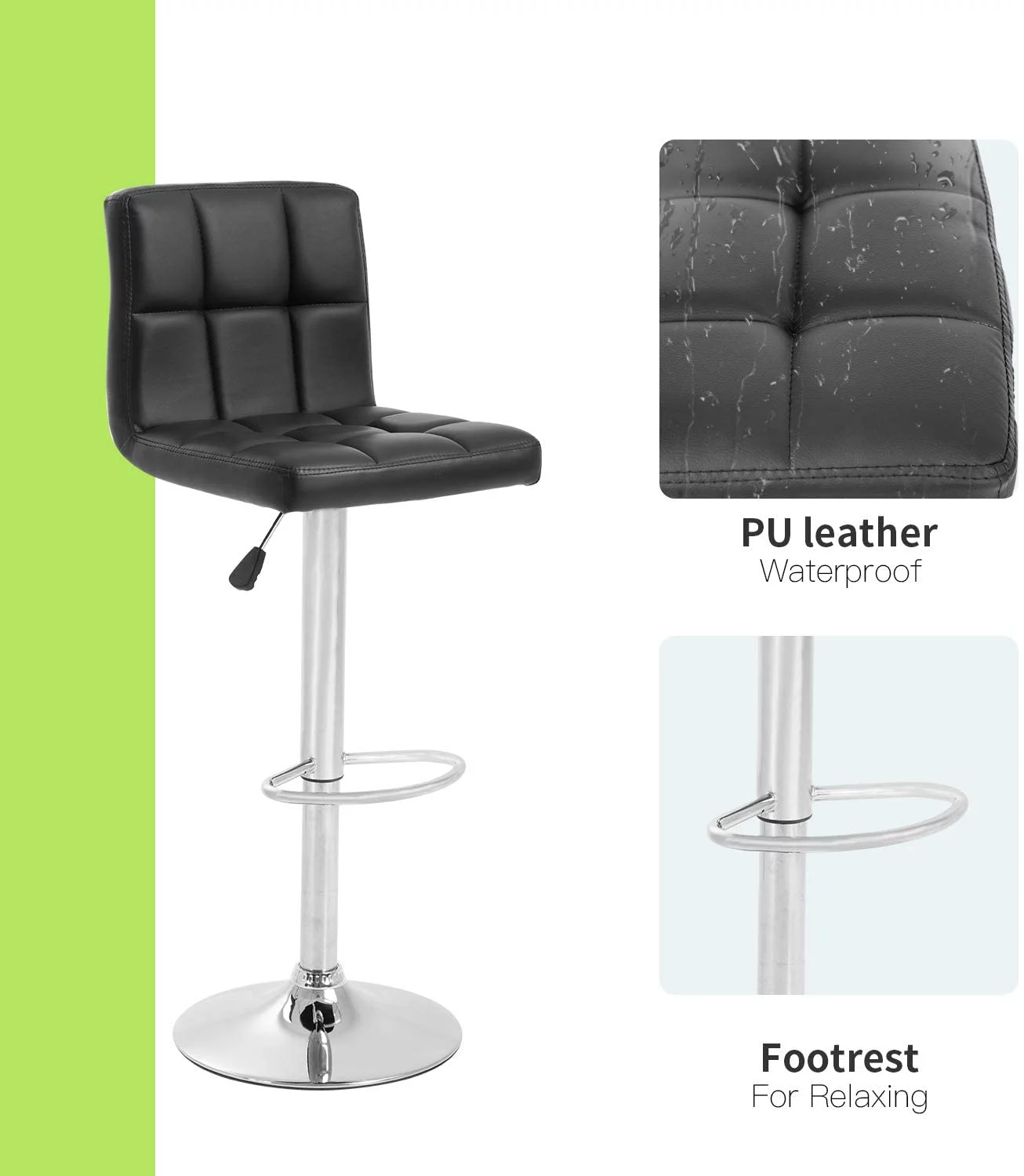 FDW Counter Height Swivel Bar Stools PU Leather Padded with Back,Set of 2 Height Adjustable Counter Stool Barstools Dining Chair,Black