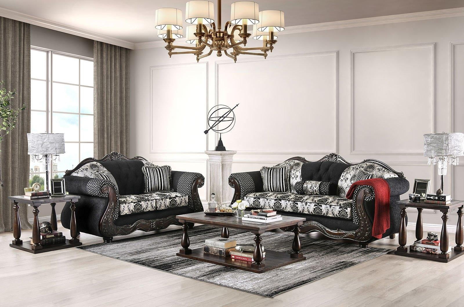 Traditional Black Chenille Sofa and Loveseat Furniture of America Ronja