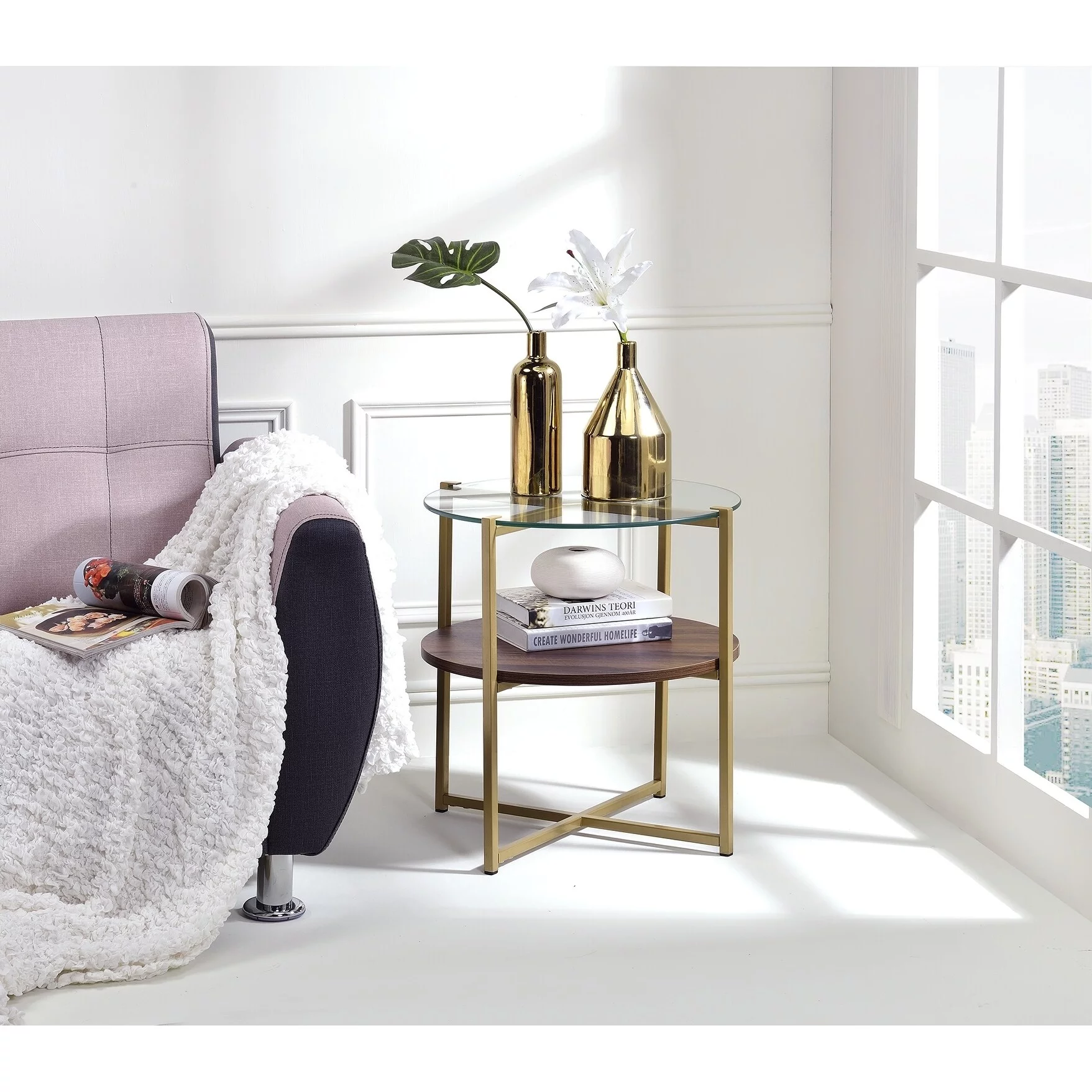 Fox Hill Trading Millenial Round Wood and Metal End Table in Gold