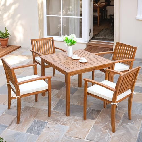 Flamaker 5 Piece Outdoor Dining Set Acacia Wood Patio Table and Chairs with Soft Cushions Patio Furniture for Deck, Backyard, Garden
