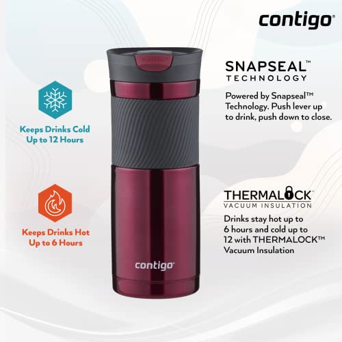 Contigo Byron Snapseal Travel Mug, Stainless Steel Thermal Mug, Vacuum Flask, Leakproof Tumbler, Coffee Mug with BPA Free Easy-Clean Lid, 590 ml, Black