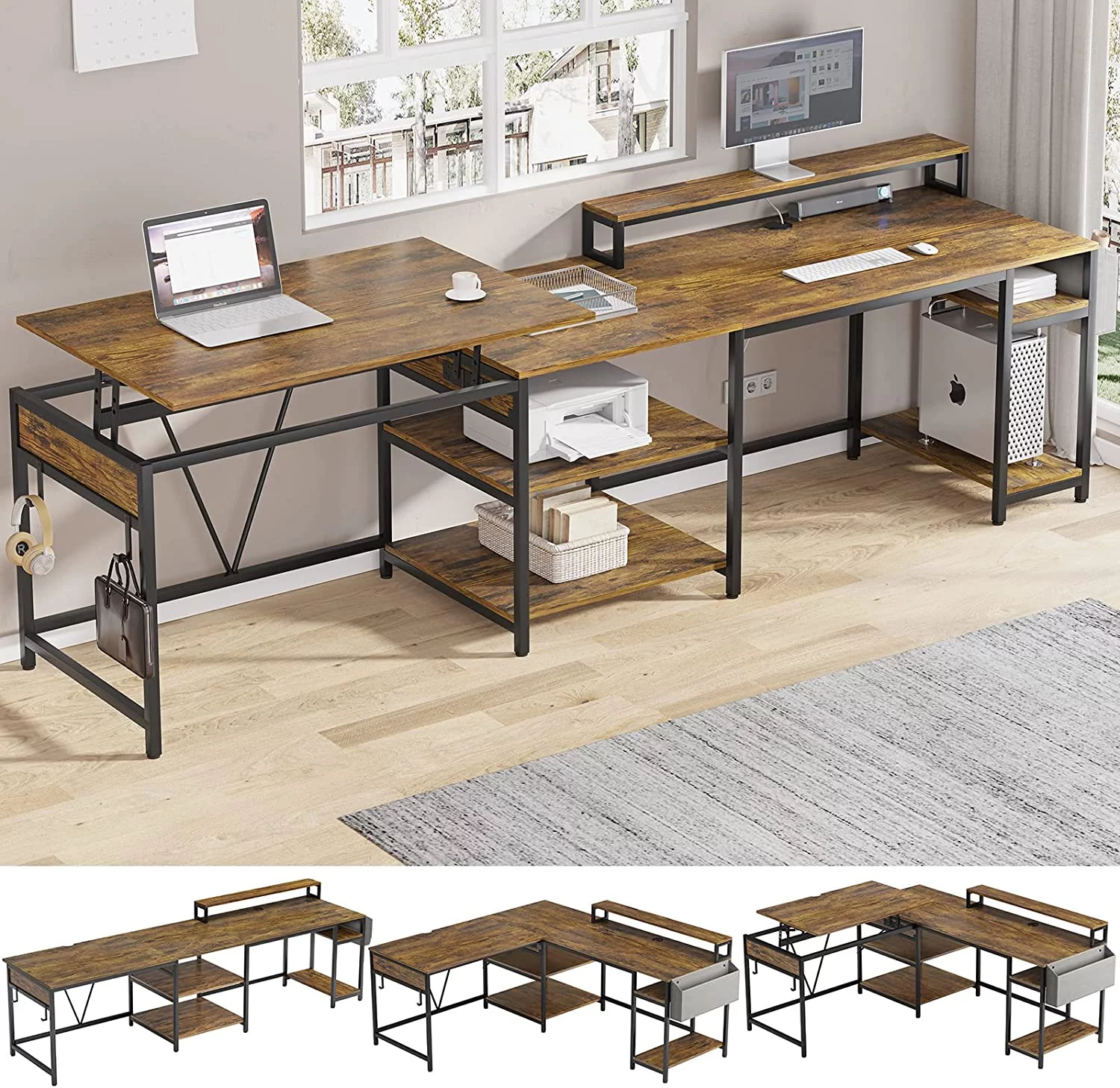 EPHEX L Shaped Desk with Lift Top, Reversible Corner Office Desk, L Shaped Desk with Storage Shelves, Monitor Stand, and Headphone Hook for Home Office, Rustic Brown