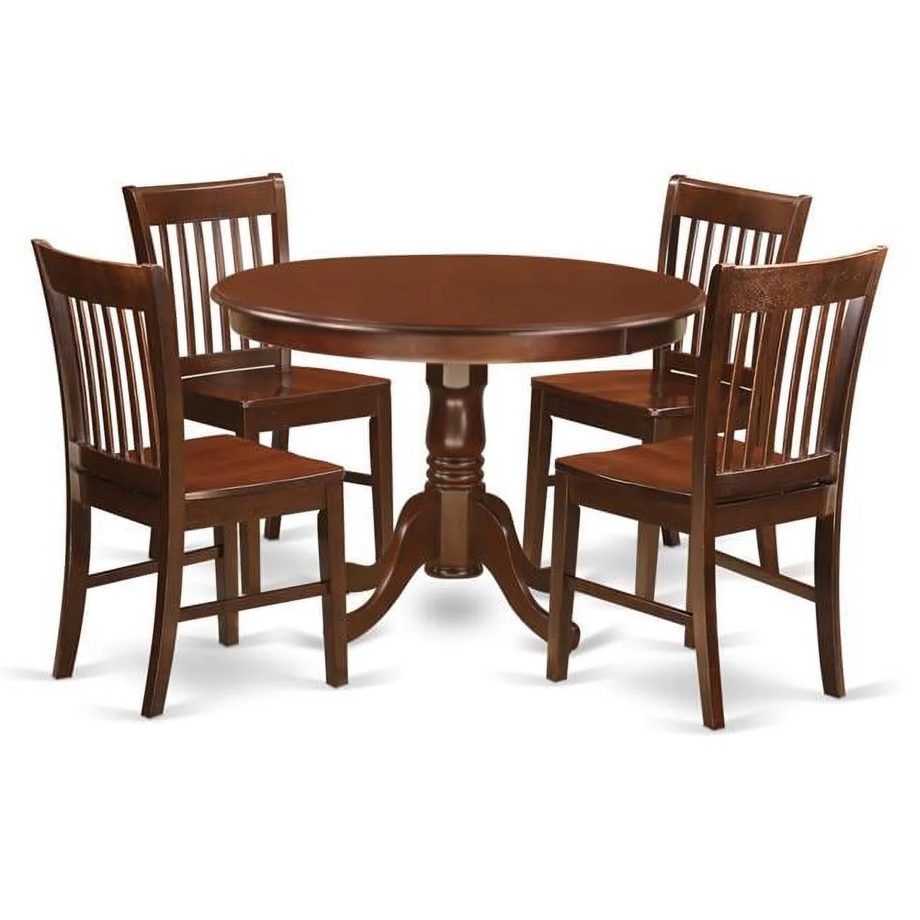 Dining Set - One Round Small Table & 4 Chairs with Wood Seat, Mahogany - 5 Piece - 42 in.
