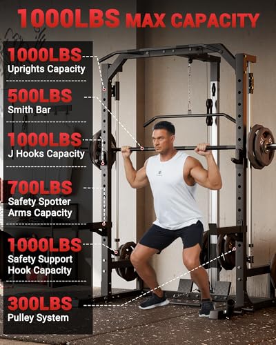 Smith Machine Home Gym with Barbell Bar, Cable System, Lat Pulldown Attachments, Safety Spotter Arms, J Hooks, Landmine, Multi-Functional Squat Rack for Full Body Strength Training