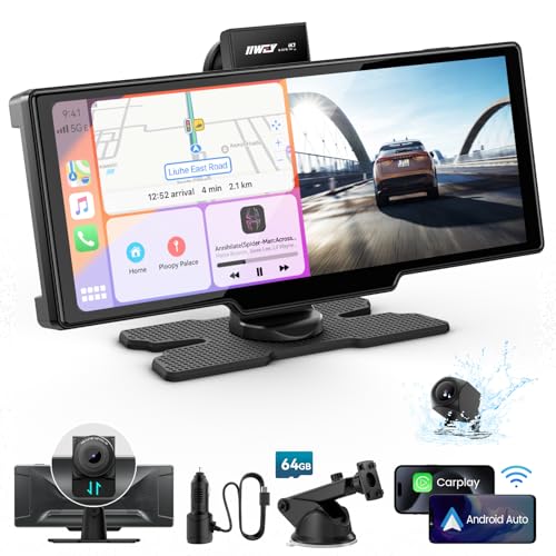 Portable Apple Carplay Screen, 10’’ Car Stereo Wireless Car Play & Android Auto Touch Screen, 4K Dash Cam, 1080P Backup Camera, Mirror Link/Voice Control/Music Play/GPS Navigation