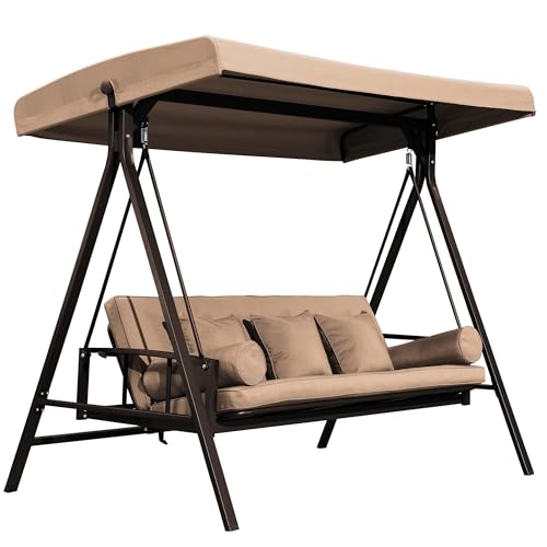 PURPLE LEAF Outdoor Patio Porch Swing with Adjustable PVC Canopy, 3-seat Swing Chair Bench with Side Cup Holder for Backyard Front Porch Lawn, Cushions and Pillow Included, Grey