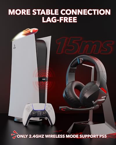 BINNUNE Wireless Gaming Headset with 2.4GHz for PS5, PS4, PC, Switch, FPS Gamers, 120Hrs+ Bluetooth 5.3 Gaming Headsets with Noise Canceling Mic, 50MM Headphones for Laptop, Mobile, Mac (Red)