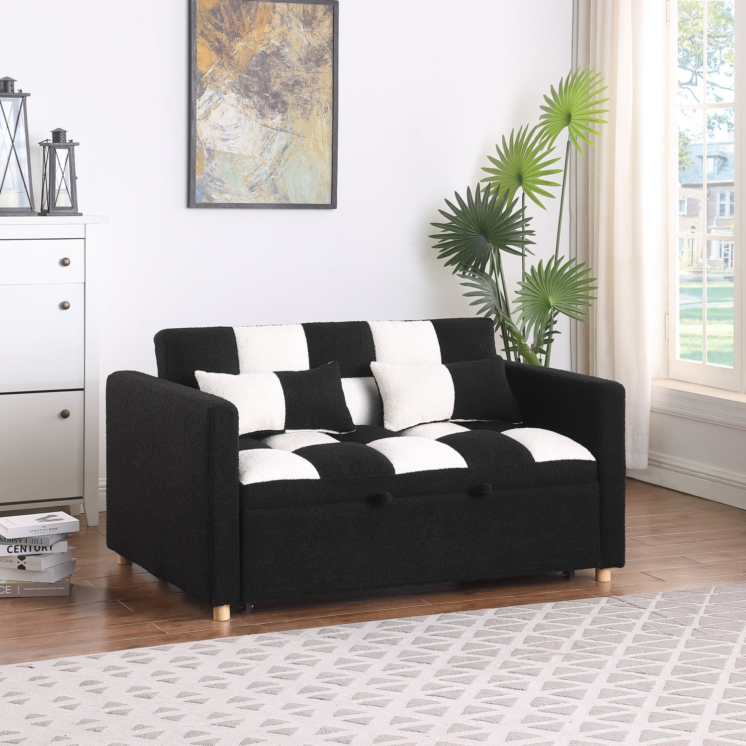 Holaki 45 x 68 Small Teddy Convertible Loveseat, 3 in 1 Sleeper Sofa Couch Bed, Futon Sofa Pull out Bed with Adjustable Backrest, 2 Pillows, Black+White