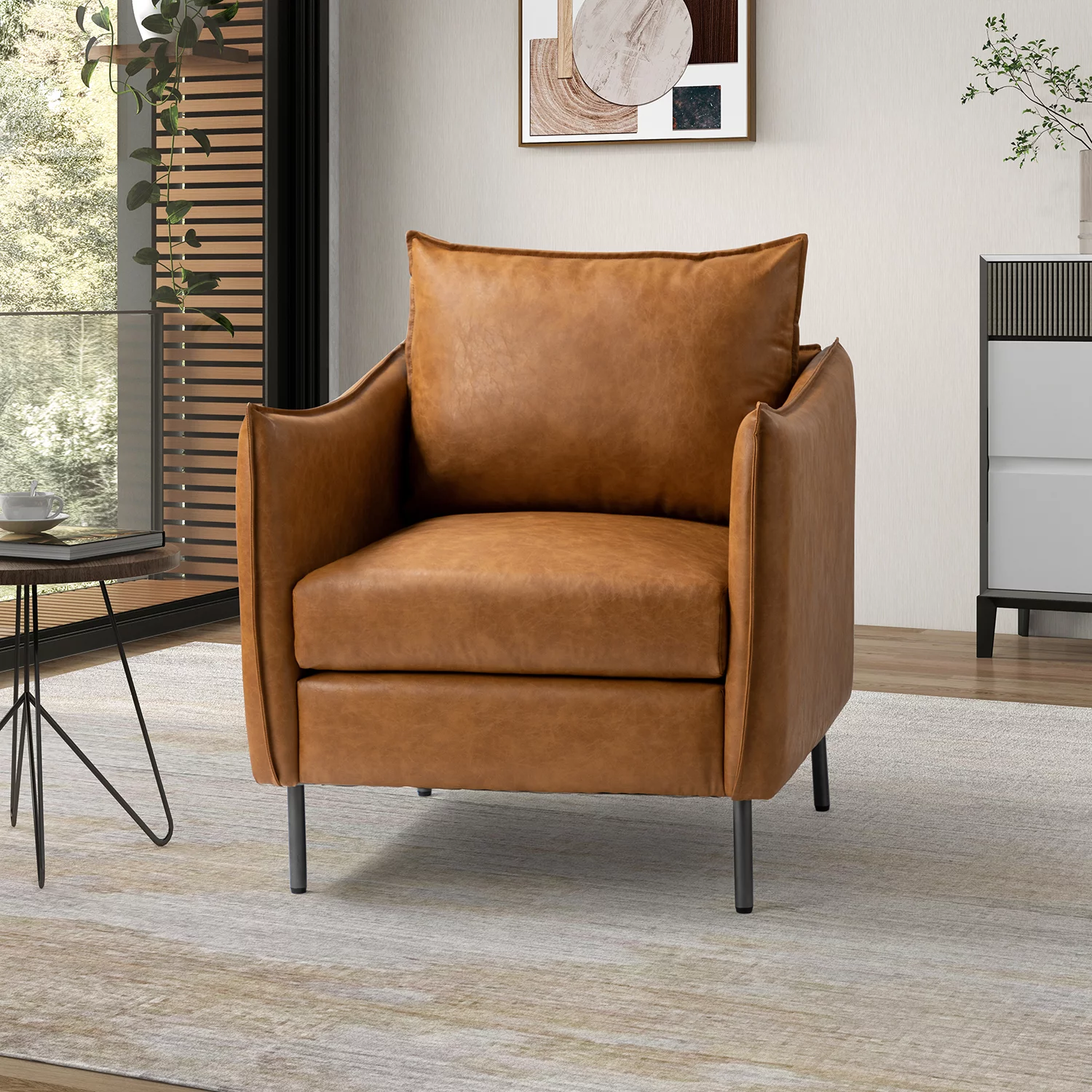 Vegan Leather Upholstered Accent Chair Lounge Armchair Sofa Moveable Cushion Metal Legs Reception Bedroom Camel